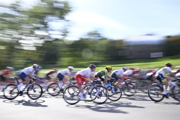 The pack of riders pictured in action during the elite women Road Race race (180,4 km) at the cycling World Championship, WM, Weltmeisterschaft in Montreal, Canada, Saturday 26 September 2026. The UCI road world championships are taking place from 20 to 27 September, in Montreal, Canada. JASPERxJACOBS  x187891146x