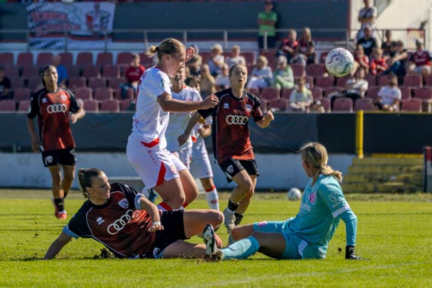 Ingolstadt, Germany, September 26, 2026, 2026–2027 DFB Women’s Cup, First Round: FC Ingolstadt 04 1–1 FSV Mainz 05. Pictured, third from the left: Stefanie Reischmann (FCI) scores the goal to make it 1–0. DFL and DFB regulations prohibit any use of photographs as image sequences and or quasi-video at ESV Stadion Bayern Copyright: xFotostandx xSchäferx