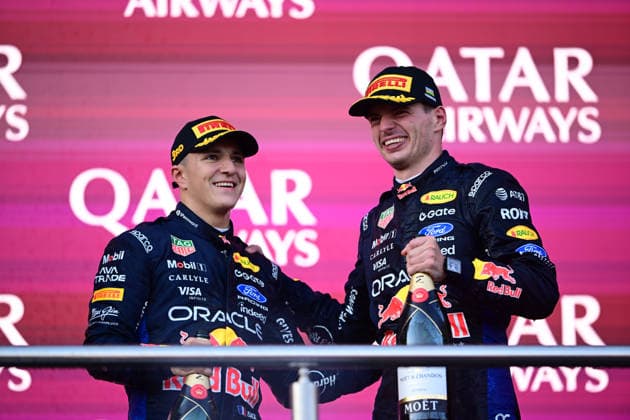 F1 Grand Prix of Azerbaijan Isack Hadjar and Max Verstappen of Red Bull Racing celebrate finishing in second and third place during the Formula 1 Azerbaijan Grand Prix at the Baku City Circuit in Baku, Azerbaijan, on September 26, 2026. Baku Caucasus Azerbaijan  Copyright: xAndreaxDiodatox originalFilename:diodato-azerbaij260926_npwi2.jpg