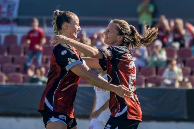 Ingolstadt, Germany, September 26, 2026, 2026–2027 DFB Women’s Cup, First Round: FC Ingolstadt 04 vs. FSV Mainz 05. Pictured from left: Goal scorer Stefanie Reischmann of FCI celebrates her 1–0 goal with Jenny Bayer FCI DFL DFB regulations prohibit any use of photographs as image sequences and or quasi-video ESV Stadion Bayern Copyright: xFotostandx xSchäferx