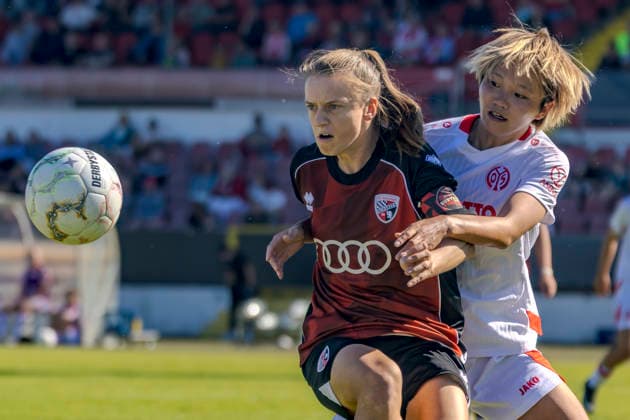 Ingolstadt, Germany, September 26, 2026, 2026-2027 DFB Women s Cup, First Round: FC Ingolstadt 04 vs. 1 FSV Mainz 05. Pictured, from left, in a tackle: Stefanie Reischmann (FCI) and Suguri Hashitani (FSV). DFL and DFB regulations prohibit any use of photographs as image sequences and or quasi-video. ESV Stadion Bayern Copyright: xFotostandx xSchäferx