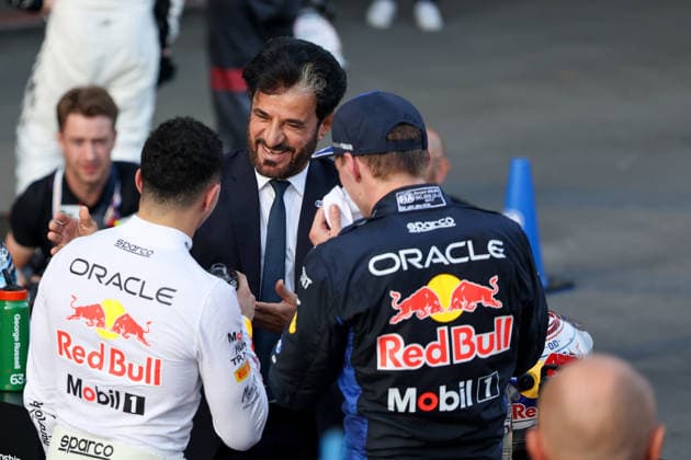 BAKU, AZERBAIJAN - SEPTEMBER 26: FIA President Mohammed Ben Sulayem speaks to Max Verstappen of the Netherlands and Oracle Red Bull Racing and Isack Hadjar of France and Oracle Red Bull Racing at parc ferme after the F1 Grand Prix of Azerbaijan at Baku City Circuit on September 26, 2026 in Baku, Azerbaijan. (Photo by Qian Jun SPP-Paddocker) Copyright: xQianxJun SPP-Paddockerx Sportspressphoto_SPR240050