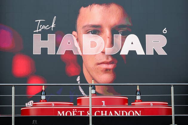 BAKU, AZERBAIJAN - SEPTEMBER 26: Podium with screen showing image of Isack Hadjar of France and Oracle Red Bull Racing after the F1 Grand Prix of Azerbaijan at Baku City Circuit on September 26, 2026 in Baku, Azerbaijan. (Photo by Qian Jun SPP-Paddocker) Copyright: xQianxJun SPP-Paddockerx Sportspressphoto_SPR240055