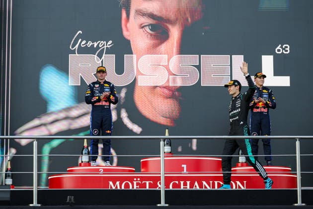 BAKU, AZERBAIJAN - SEPTEMBER 26: George Russell of Great Britain and Mercedes-AMG PETRONAS F1 Team. Arrives on podium after winning the F1 Grand Prix of Azerbaijan at Baku City Circuit on September 26, 2026 in Baku, Azerbaijan. (Photo by Qian Jun SPP-Paddocker) Copyright: xQianxJun SPP-Paddockerx Sportspressphoto_SPR240063