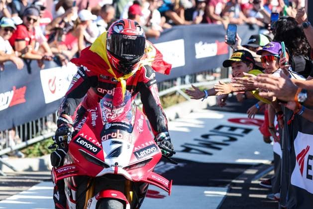 September 26, 2026, San Martino Del Lago, Cremona, Italy: Iker Lecuona of Aruba.it Racing - Ducati with Ducati Panigale V4R celebrates the victory in Race 1 during Podium Race 1 of SBK Round 10 EICMA Italian Round. SBK Round 10 EICMA Italian Round (Podium Race 1) In San Martino Del Lago, Italy - 26 Sep 2026  - ZUMAs197 20260926_aaa_s197_152 Copyright: xFabrizioxCarabellix