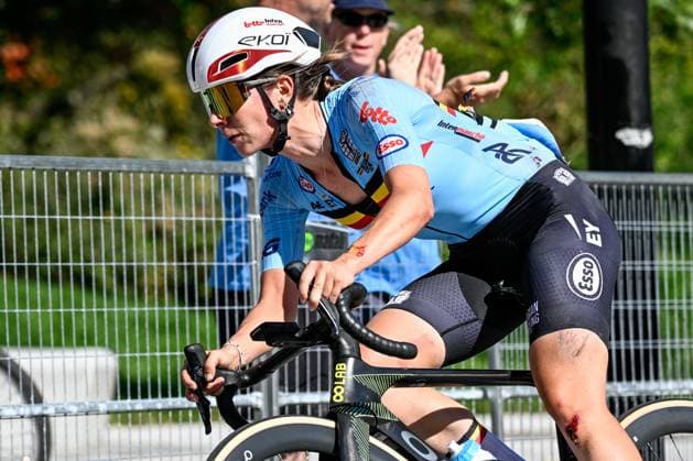 Belgian Sandrine Tas is pictured in action during the elite women Road Race race (180,4 km) at the cycling World Championship, WM, Weltmeisterschaft in Montreal, Canada, Saturday 26 September 2026. The UCI road world championships are taking place from 20 to 27 September, in Montreal, Canada. JASPERxJACOBS  x187895908x