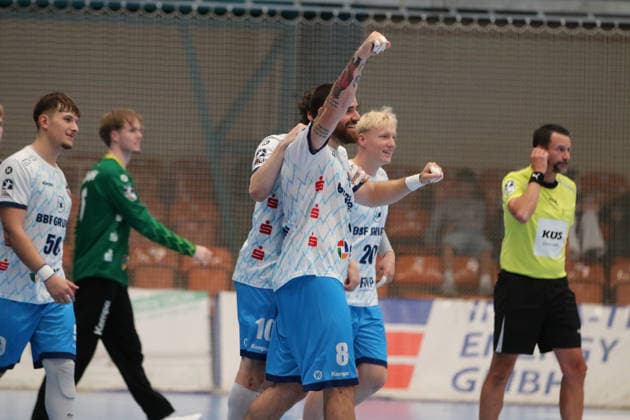 September 26, 2026 Men s Handball 2026–2027, 2nd Division, Matchday 5: Dessau Roßlauer HV 06 1 VfL Potsdam, Anhalt Arena, Dessau; Davide Bulzamini, Potsdam, 8, in white, celebrates after the final whistle Dessau Roßlau Saxony-Anhalt Germany