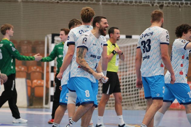 September 26, 2026 Men s Handball 2026–2027, 2nd Division, Matchday 5: Dessau Roßlauer HV 06 1 VfL Potsdam, Anhalt Arena, Dessau; Davide Bulzamini, Potsdam, 8, in white, celebrates after the final whistle Dessau Roßlau Saxony-Anhalt Germany