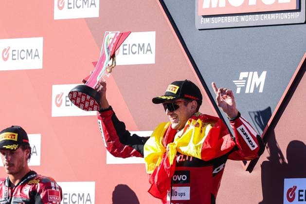 September 26, 2026, San Martino Del Lago, Cremona, Italy: Iker Lecuona of Aruba.it Racing - Ducati with Ducati Panigale V4R celebrates the victory in Race 1 during Podium Race 1 of SBK Round 10 EICMA Italian Round. SBK Round 10 EICMA Italian Round (Podium Race 1) In San Martino Del Lago, Italy - 26 Sep 2026  - ZUMAs197 20260926_aaa_s197_156 Copyright: xFabrizioxCarabellix