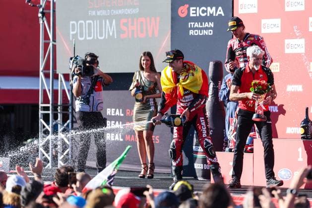 September 26, 2026, San Martino Del Lago, Cremona, Italy: Iker Lecuona of Aruba.it Racing - Ducati with Ducati Panigale V4R celebrates the victory in Race 1 during Podium Race 1 of SBK Round 10 EICMA Italian Round. SBK Round 10 EICMA Italian Round (Podium Race 1) In San Martino Del Lago, Italy - 26 Sep 2026  - ZUMAs197 20260926_aaa_s197_167 Copyright: xFabrizioxCarabellix
