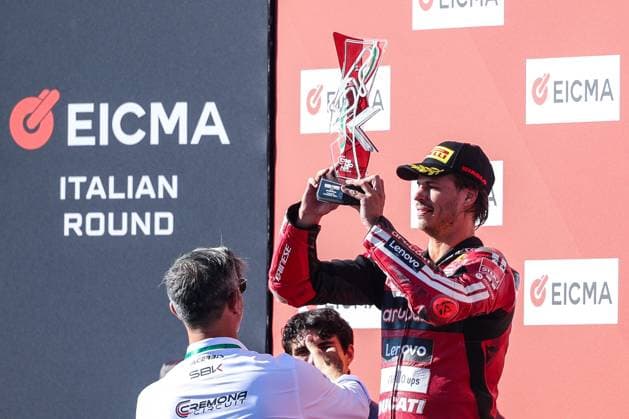 September 26, 2026, San Martino Del Lago, Cremona, Italy: Nicolo Bulega of Aruba.it Racing - Ducati with Ducati Panigale V4R celebrates the second place in Race 1 during Podium Race 1 of SBK Round 10 EICMA Italian Round. San Martino Del Lago Italy - ZUMAs197 20260926_aaa_s197_159 Copyright: xFabrizioxCarabellix