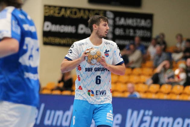 September 26, 2026 Men s Handball 2026–2027, Handball Bundesliga 2, Matchday 5: Dessau Roßlauer HV 06 1 VfL Potsdam, Anhalt Arena, Dessau; Markus Mahr, Potsdam, 6, in white with the ball; Dessau Roßlau, Saxony-Anhalt, Germany