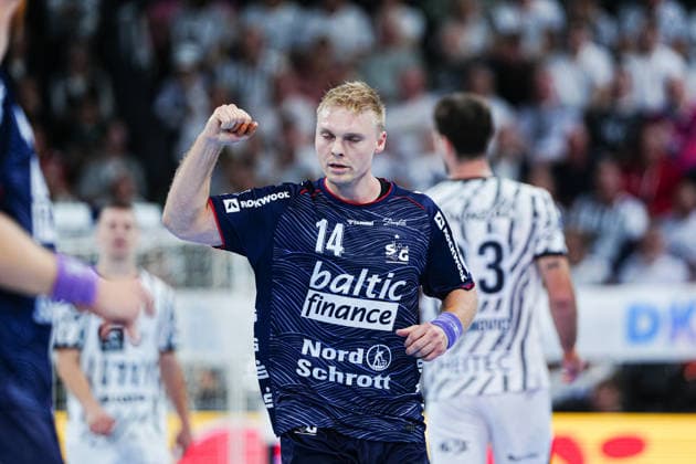 Emil Bergholt celebrates a goal for SG Flensburg Handewitt, 14 GER, THW Kiel vs. SG Flensburg Handewitt, Handball, 1st Bundesliga, Matchday 6, 2026–2027 Season, September 26, 2026 GER, THW Kiel vs. SG Flensburg Handewitt, Handball, 1st Bundesliga, Matchday 6, 2026–2027 Season, September 26, 2026 Kiel Copyright: xEibner-Pressefoto MarcelxvonxFehrnx EP_MFN