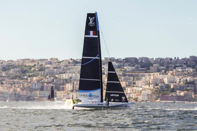 THE LOUIS VUITTON 38TH AMERICA™S CUP PRELIMINARY REGATTA, NAPLES La Roche-Posay Racing Team competes on the first day of the preliminary regatta for the 38th Louis Vuitton America™s Cup in the Gulf of Naples, Campania, Italy, on September 25, 2026. The Naples preliminary regatta gives the competing teams their first opportunity to test their AC40 one-design yachts ahead of the 38th America™s Cup, which will be held in Naples in 2027. ABP13248 Copyright: xAntonioxBalascox