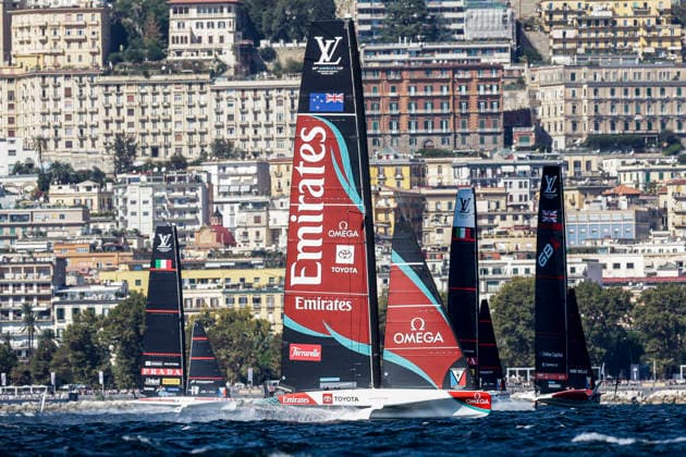 THE LOUIS VUITTON 38TH AMERICA™S CUP PRELIMINARY REGATTA, NAPLES Emirates teams New Zeland team competes on the second day of the preliminary regatta for the 38th Louis Vuitton America™s Cup in the Gulf of Naples, Campania, Italy, on September 26, 2026. The Naples preliminary regatta gives the competing teams their first opportunity to test their AC40 one-design yachts ahead of the 38th America™s Cup, which will be held in Naples in 2027. _BPH1495 Copyright: xAntonioxBalascox