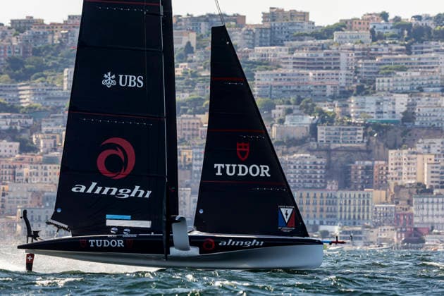 THE LOUIS VUITTON 38TH AMERICA™S CUP PRELIMINARY REGATTA, NAPLES Alinghi Team competes on the second day of the preliminary regatta for the 38th Louis Vuitton America™s Cup in the Gulf of Naples, Campania, Italy, on September 26, 2026. The Naples preliminary regatta gives the competing teams their first opportunity to test their AC40 one-design yachts ahead of the 38th America™s Cup, which will be held in Naples in 2027. _BPH4047 Copyright: xAntonioxBalascox