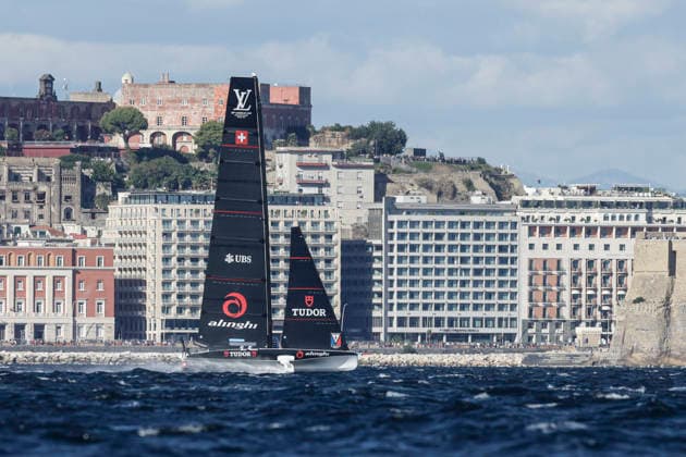 THE LOUIS VUITTON 38TH AMERICA™S CUP PRELIMINARY REGATTA, NAPLES Alinghi Team competes on the second day of the preliminary regatta for the 38th Louis Vuitton America™s Cup in the Gulf of Naples, Campania, Italy, on September 26, 2026. The Naples preliminary regatta gives the competing teams their first opportunity to test their AC40 one-design yachts ahead of the 38th America™s Cup, which will be held in Naples in 2027. _BPH4547 Copyright: xAntonioxBalascox