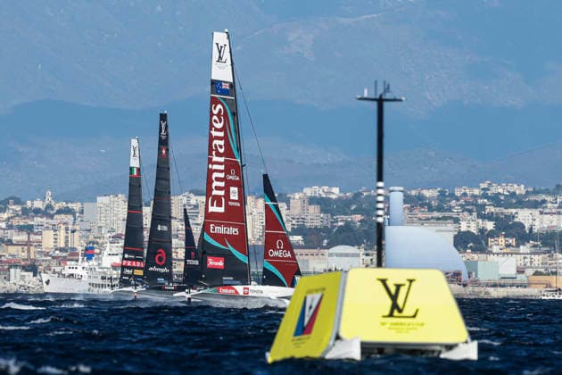 THE LOUIS VUITTON 38TH AMERICA™S CUP PRELIMINARY REGATTA, NAPLES Emirates team New Zeland Alinghi team and Luna Rossa team competes on the second day of the preliminary regatta for the 38th Louis Vuitton America™s Cup in the Gulf of Naples, Campania, Italy, on September 26, 2026. The Naples preliminary regatta gives the competing teams their first opportunity to test their AC40 one-design yachts ahead of the 38th America™s Cup, which will be held in Naples in 2027. _BPH4927 Copyright: xAntonioxBalascox