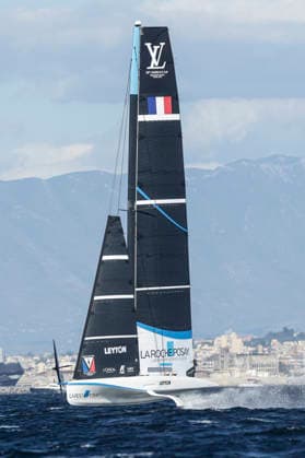 THE LOUIS VUITTON 38TH AMERICA™S CUP PRELIMINARY REGATTA, NAPLES La Roche-Posay Racing Team competes on the second day of the preliminary regatta for the 38th Louis Vuitton America™s Cup in the Gulf of Naples, Campania, Italy, on September 26, 2026. The Naples preliminary regatta gives the competing teams their first opportunity to test their AC40 one-design yachts ahead of the 38th America™s Cup, which will be held in Naples in 2027. _BPH4983 Copyright: xAntonioxBalascox