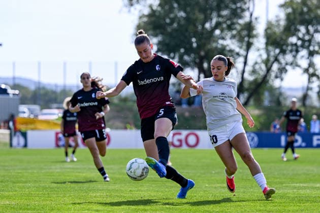 September 25, 2026, Soccer, 1st Round, 2026–2027 DFB Women s Cup, SG 99 Andernach vs. SC Freiburg, Julia Stierli 5, SC Freiburg wins the ball from Rinesa Alija, 20, SG 99 Andernach