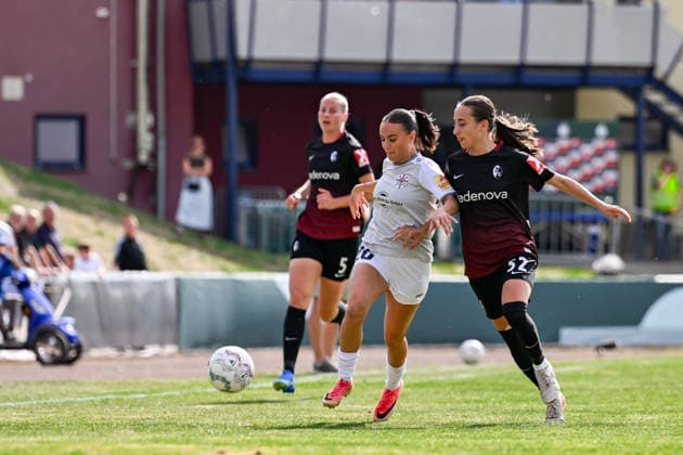 September 25, 2026, Soccer, 1st Round of the 2026–2027 DFB Women s Cup, SG 99 Andernach vs. SC Freiburg, Rinesa Alija (20, SG 99 Andernach) faces off against Emma Memminger (32, SC Freiburg)