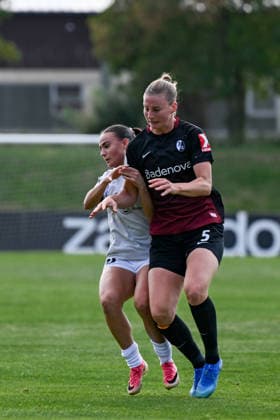 September 25, 2026, Soccer, 1st Round of the 2026–2027 DFB Women’s Cup, SG 99 Andernach vs. SC Freiburg: Rinesa Alija (20, SG 99 Andernach) and Julia Stierli (5, SC Freiburg) face off