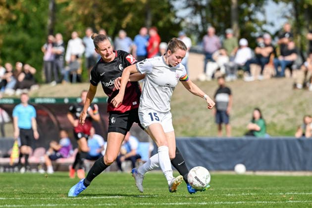 September 25, 2026, Soccer, 1st Round of the 2026–2027 DFB Women s Cup, SG 99 Andernach vs. SC Freiburg: Vanessa Zilligen (15, SG 99 Andernach) and Julia Stierli (5, SC Freiburg) go head-to-head at the edge of the penalty area