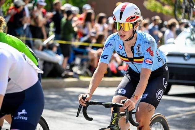 Belgian Sandrine Tas is pictured in action during the elite women Road Race race (180,4 km) at the cycling World Championship, WM, Weltmeisterschaft in Montreal, Canada, Saturday 26 September 2026. The UCI road world championships are taking place from 20 to 27 September, in Montreal, Canada. JASPERxJACOBS  x187901188x
