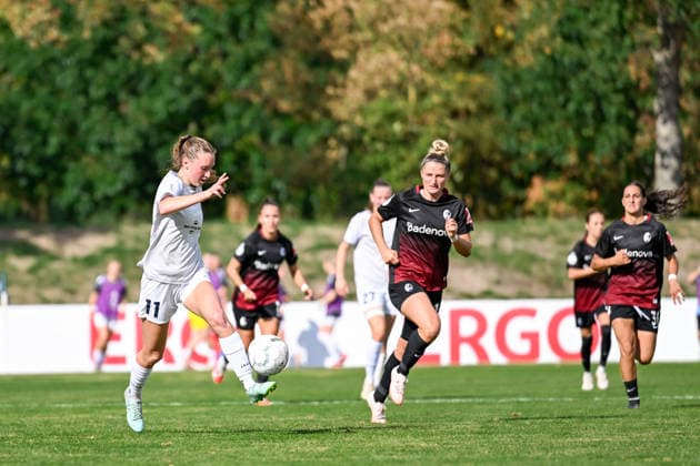 September 25, 2026, Soccer, 1st Round of the 2026–2027 DFB Women s Cup, SG 99 Andernach vs. SC Freiburg. Ina Keller 11. SG 99 Andernach controls the ball in the air with her left foot.