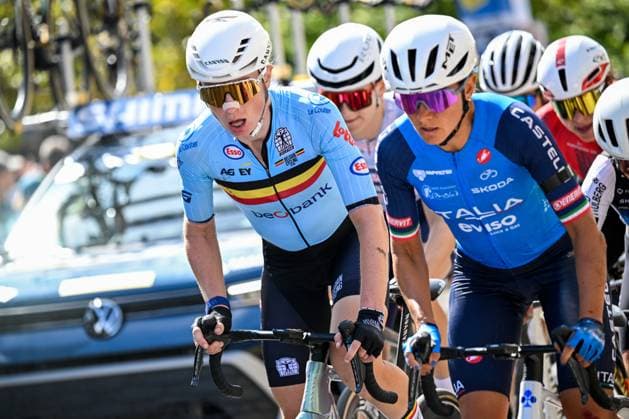Belgian Lotte Claes is pictured in action during the elite women Road Race race (180,4 km) at the cycling World Championship, WM, Weltmeisterschaft in Montreal, Canada, Saturday 26 September 2026. The UCI road world championships are taking place from 20 to 27 September, in Montreal, Canada. JASPERxJACOBS  x187901155x
