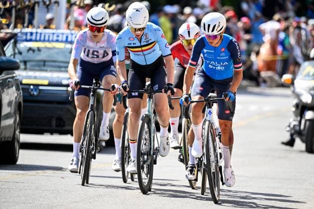 Belgian Lotte Claes is pictured in action during the elite women Road Race race (180,4 km) at the cycling World Championship, WM, Weltmeisterschaft in Montreal, Canada, Saturday 26 September 2026. The UCI road world championships are taking place from 20 to 27 September, in Montreal, Canada. JASPERxJACOBS  x187901210x