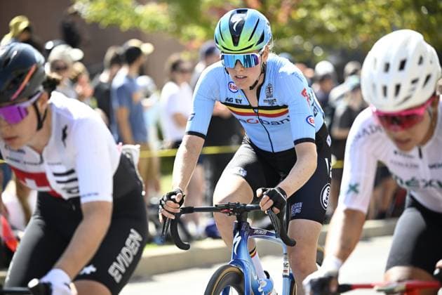 Belgian Julie van de Velde is pictured in action during the elite women Road Race race (180,4 km) at the cycling World Championship, WM, Weltmeisterschaft in Montreal, Canada, Saturday 26 September 2026. The UCI road world championships are taking place from 20 to 27 September, in Montreal, Canada. JASPERxJACOBS  x187902718x