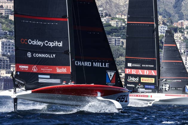 OTHER - Sailing - The Louis Vuitton 38th America s Cup Preliminary Regatta in Naples Photo by IPA ABACAPRESS.COM89001449 - The GB1 team and LUnassa compete on the second day of the preliminary regatta for the 38th Louis Vuitton America s Cup in the Gulf of Naples, Campania, Italy, on September 26, 2026. The Naples preliminary regatta gives the competing teams their first opportunity to test their AC40 one-design yachts ahead of the 38th America s Cup, which will be held in Naples in 2027. Napoli Italy  Copyright: xIPAxSport ABACAx