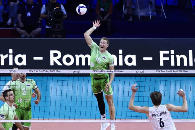 VOLLEYBALL - CEV Men s Eurovolley - Eurovolley 2026 - Bronze Medal Match - Finland vs. Slovenia Photo by IPA ABACAPRESS.COM89001447 - Spike by 19 Rok Mozi? (Slovenia) during the bronze medal match of the CEV Enel EuroVolley 2026 between Slovenia and Finland at the Unipol Forum in Milan, Italy, on September 26, 2026, during EuroVolley 2026 - Bronze Medal Match - Finland vs. Slovenia, CEV EuroVolley Men’s match in Assago (MI), Italy, September 26, 2026 Assago (MI) Italy  Copyright: xIPAxSport ABACAx