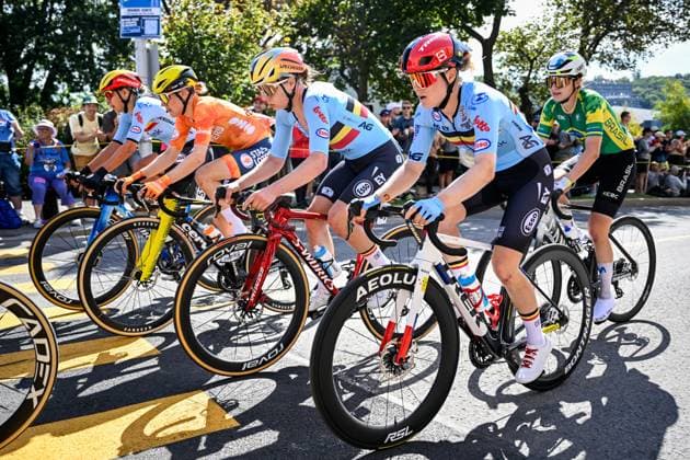 Belgian Shari Bossuyt; Belgian Lotte Kopecky and Belgian Margot Vanpachtenbeke are pictured in action during the elite women Road Race race (180,4 km) at the cycling World Championship, WM, Weltmeisterschaft in Montreal, Canada, Saturday 26 September 2026. The UCI road world championships are taking place from 20 to 27 September, in Montreal, Canada. JASPERxJACOBS  x187903792x