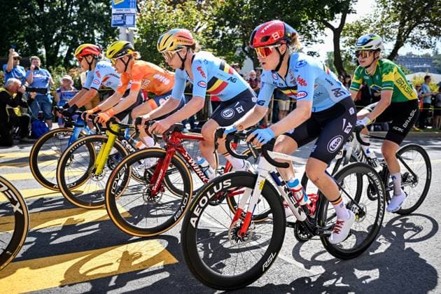 Belgian Shari Bossuyt; Belgian Lotte Kopecky and Belgian Margot Vanpachtenbeke are pictured in action during the elite women Road Race race (180,4 km) at the cycling World Championship, WM, Weltmeisterschaft in Montreal, Canada, Saturday 26 September 2026. The UCI road world championships are taking place from 20 to 27 September, in Montreal, Canada. JASPERxJACOBS  x187903767x