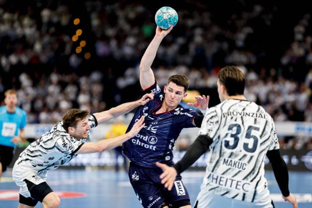 Kiel, September 26, 2026; Handball, 2026–27 Bundesliga 1, THW Kiel vs. SG Flensburg-Handewitt; Lukas Zerbe (THW Kiel, 24), Aymeric Minne (SG Flensburg-Handewitt, 44), Domen Makuc (THW Kiel, 35)