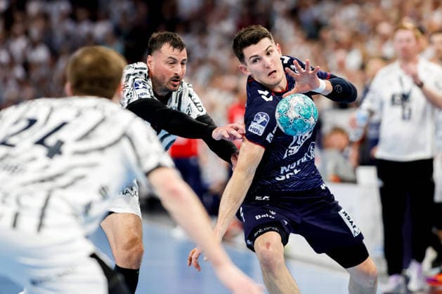 Kiel, September 26, 2026; Handball, 1st Bundesliga 2026–27, THW Kiel vs. SG Flensburg-Handewitt; Domagoj Duvnjak (THW Kiel), 4; Aymeric Minne (SG Flensburg-Handewitt), 44