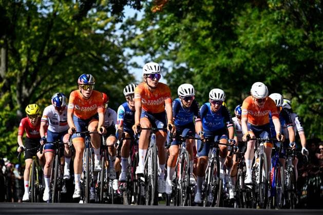 The pack of riders pictured in action during the elite women Road Race race (180,4 km) at the cycling World Championship, WM, Weltmeisterschaft in Montreal, Canada, Saturday 26 September 2026. The UCI road world championships are taking place from 20 to 27 September, in Montreal, Canada. JASPERxJACOBS  x187903968x