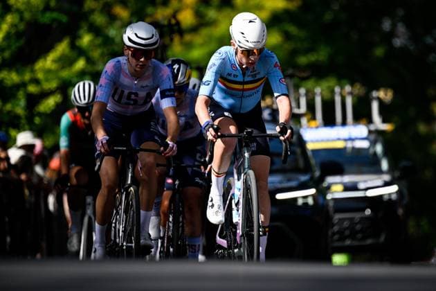 Belgian Lotte Claes is pictured in action during the elite women Road Race race (180,4 km) at the cycling World Championship, WM, Weltmeisterschaft in Montreal, Canada, Saturday 26 September 2026. The UCI road world championships are taking place from 20 to 27 September, in Montreal, Canada. JASPERxJACOBS  x187903969x