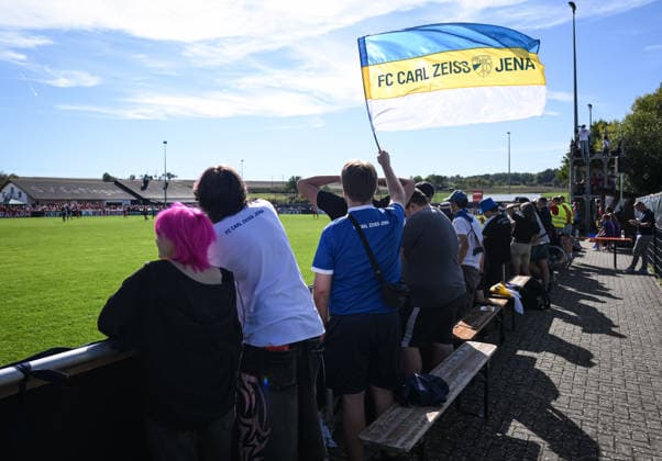 Soccer: DFB Women s Cup, First Round, 2026–2027 Season, September 26, 2026: SV Eutingen vs. FC Carl Zeiss Jena. About a dozen Jena fans who had traveled to the game were at the sports complex in Eutingen, along with fans of Lene Berner holding a poster.