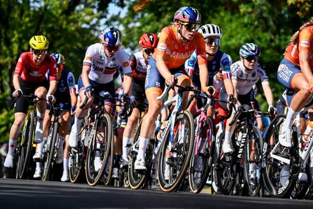 Dutch Demi Vollering is pictured in action during the elite women Road Race race (180,4 km) at the cycling World Championship, WM, Weltmeisterschaft in Montreal, Canada, Saturday 26 September 2026. The UCI road world championships are taking place from 20 to 27 September, in Montreal, Canada. JASPERxJACOBS x187904155x