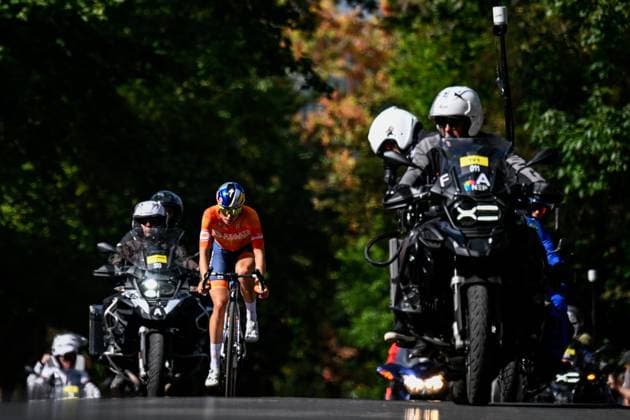 Dutch Demi Vollering is pictured in action during the elite women Road Race race (180,4 km) at the cycling World Championship, WM, Weltmeisterschaft in Montreal, Canada, Saturday 26 September 2026. The UCI road world championships are taking place from 20 to 27 September, in Montreal, Canada. JASPERxJACOBS x187904331x