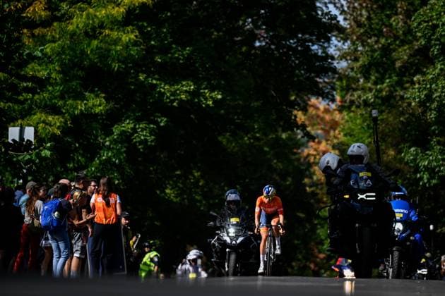 Dutch Demi Vollering is pictured in action during the elite women Road Race race (180,4 km) at the cycling World Championship, WM, Weltmeisterschaft in Montreal, Canada, Saturday 26 September 2026. The UCI road world championships are taking place from 20 to 27 September, in Montreal, Canada. JASPERxJACOBS x187904466x