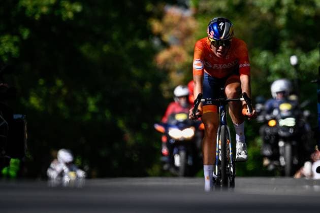 Dutch Demi Vollering is pictured in action during the elite women Road Race race (180,4 km) at the cycling World Championship, WM, Weltmeisterschaft in Montreal, Canada, Saturday 26 September 2026. The UCI road world championships are taking place from 20 to 27 September, in Montreal, Canada. JASPERxJACOBS x187905081x