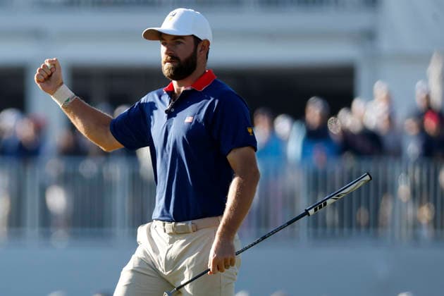 MEDINAH, IL - SEPTEMBER 26: Cameron Young of the United States fist pumps after hitting a putt on No. 4 during the Saturday four ball session of the Presidents Cup, September 26, 2026, at Medinah Country Club in Medinah, Illinois. (Photo by Matthew Maxey Icon Sportswire) GOLF: SEP 26 Presidents Cup EDITORIAL USE ONLY Icon260926019