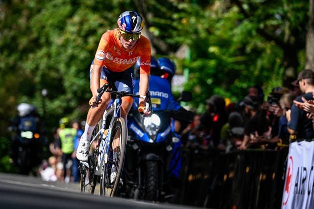Dutch Demi Vollering is pictured in action during the elite women Road Race race (180,4 km) at the cycling World Championship, WM, Weltmeisterschaft in Montreal, Canada, Saturday 26 September 2026. The UCI road world championships are taking place from 20 to 27 September, in Montreal, Canada. JASPERxJACOBS x187905436x