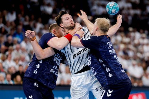 Kiel, September 26, 2026 Handball, 2026–27 Bundesliga 1, THW Kiel vs. SG Flensburg-Handewitt: Blaz Blagotinsek (SG Flensburg-Handewitt), 43; Harald Reinkind (THW Kiel), 6; Emil Siersbaek Bergholt (SG Flensburg-Handewitt), 14