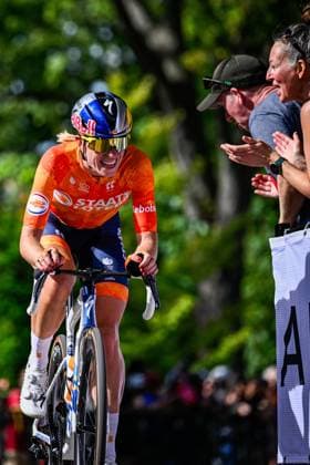 Dutch Demi Vollering is pictured in action during the elite women Road Race race (180,4 km) at the cycling World Championship, WM, Weltmeisterschaft in Montreal, Canada, Saturday 26 September 2026. The UCI road world championships are taking place from 20 to 27 September, in Montreal, Canada. JASPERxJACOBS x187906256x