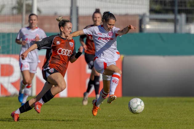 Ingolstadt, Germany, September 26, 2026, 2026–2027 DFB Women’s Cup, First Round: FC Ingolstadt 04 vs. 1 FSV Mainz 05. Pictured, from left, in a tackle: Carina Wüst (FCI) and Vital Kats (FSV). DFL and DFB regulations prohibit any use of photographs as image sequences and or quasi-video. ESV Stadion Bayern Copyright: xFotostandx xSchäferx
